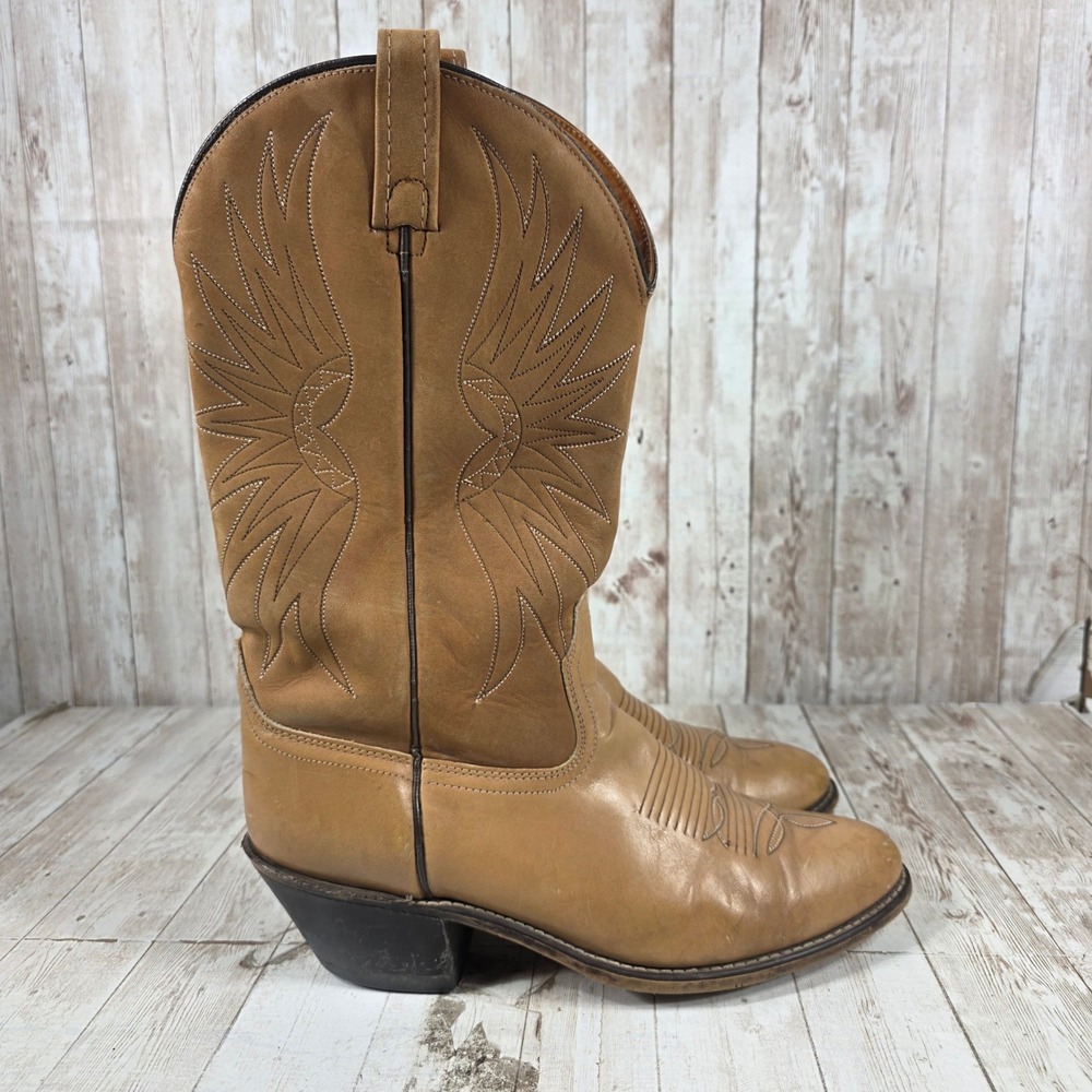 Acme Mens Tan Leather‎ Western Cowboy Boots Made in USA Sunburst Stitch 10 D